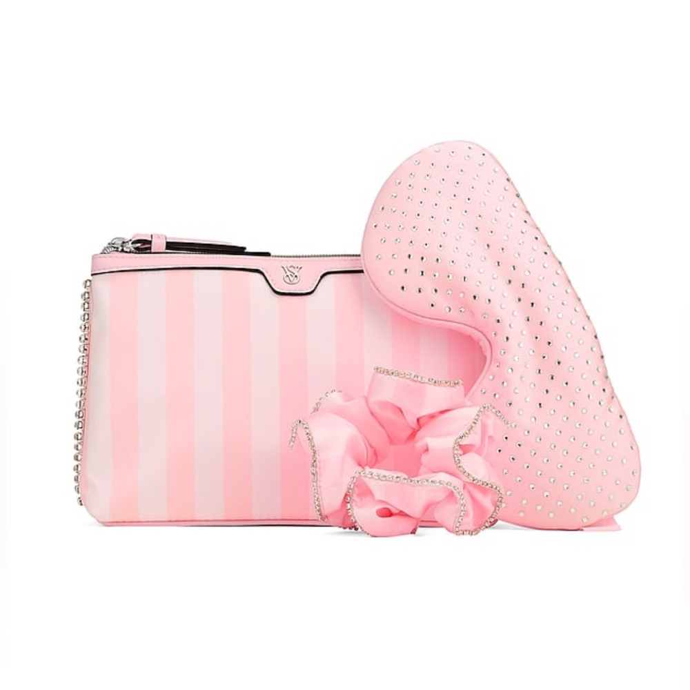Victoria's Secret Bling Heritage Stripe Pouch + Scrunchie + Sleep Mask Tavel Set
